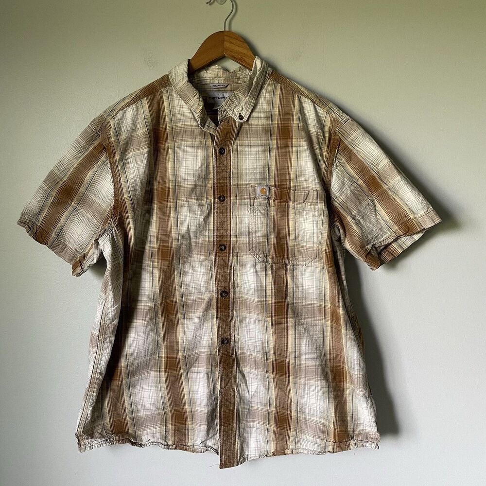 Carhartt Relaxed Fit Plaid Button Down Shirt Brown Cream 100% Cotton Men's XL